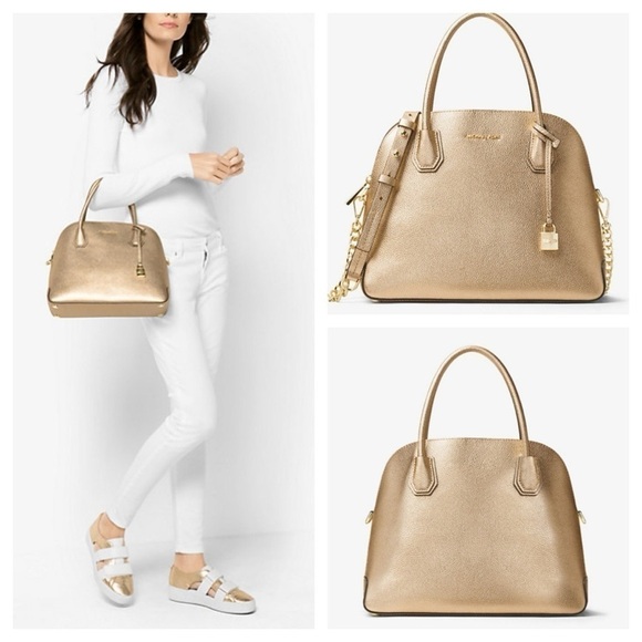 MICHAEL MICHAEL KORS
Mercer Large Metallic Leather Dome Satchel Bag  Gold - Picture 1 of 17